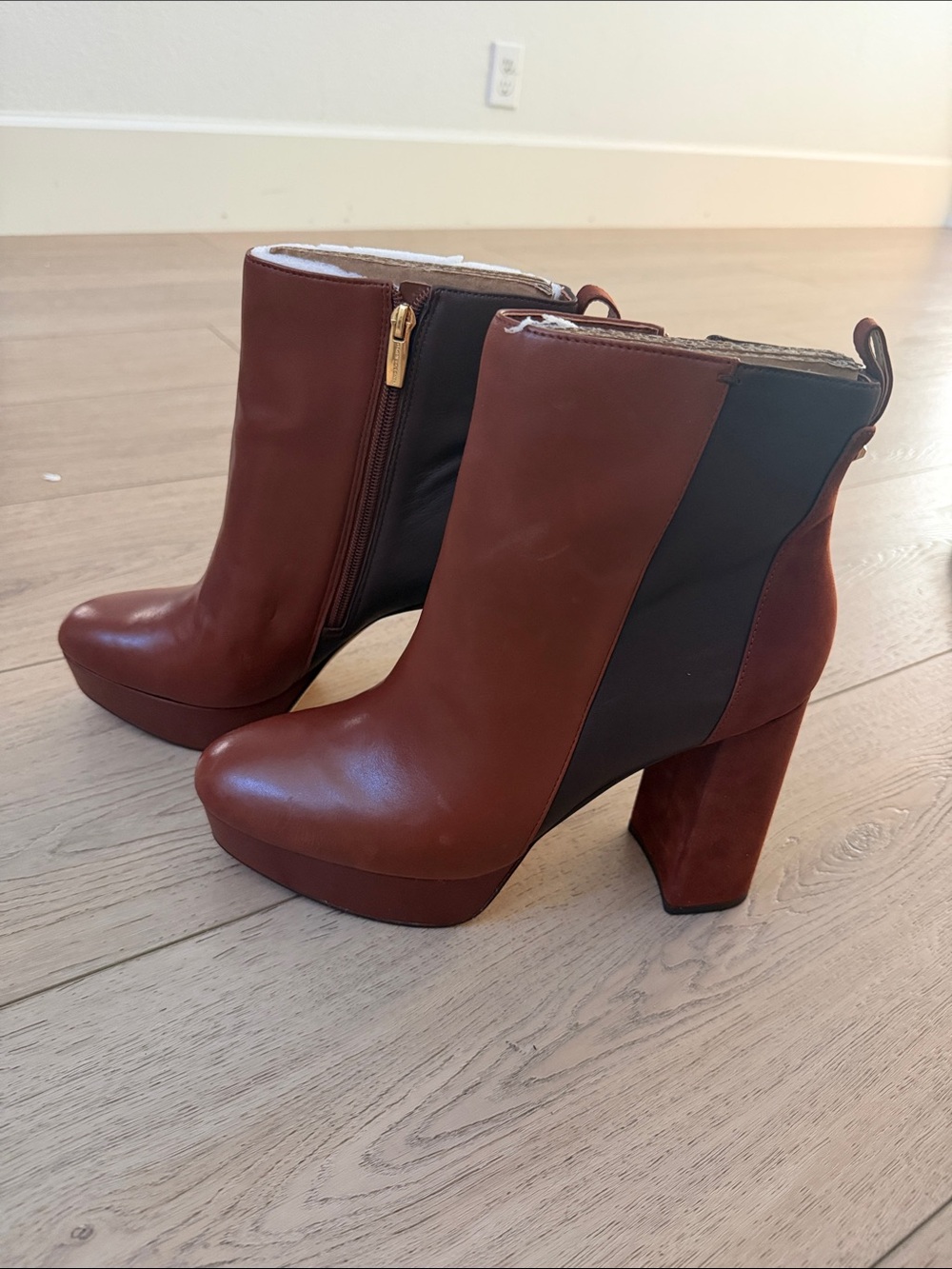 Vince Camuto Brown Leather Platform Ankle Boots with Black Stretch Panels